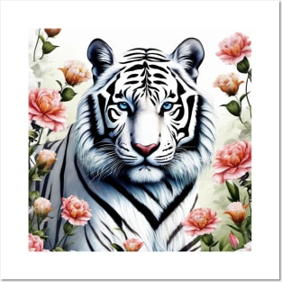 White Tiger with Flowers, Colorful, Beautiful Posters and Art